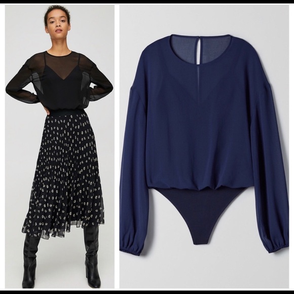 Wilfred Tops - Aritzia Wilfred Chiffon Bodysuit Blouse Long Sleeve Navy